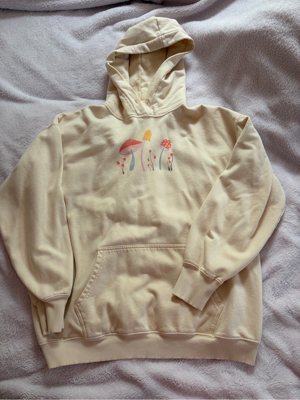 American Eagle Outfitters Cream Hoodie with Mushroom Graphic